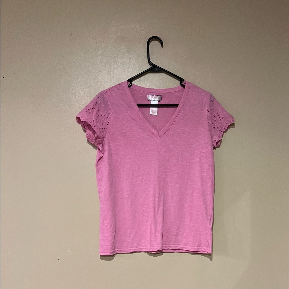Stella Parker Collection Pink V Neck Scalloped Eyelet Sleeve 100% Cotton Top S